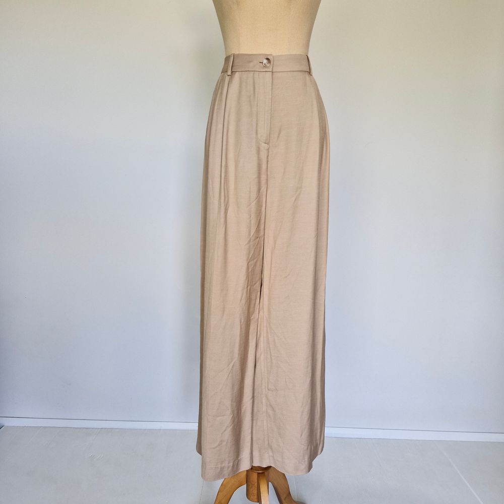 Forever New Beige Linen Blend Twill Pleated High Rise Wide Leg Pants Size 14