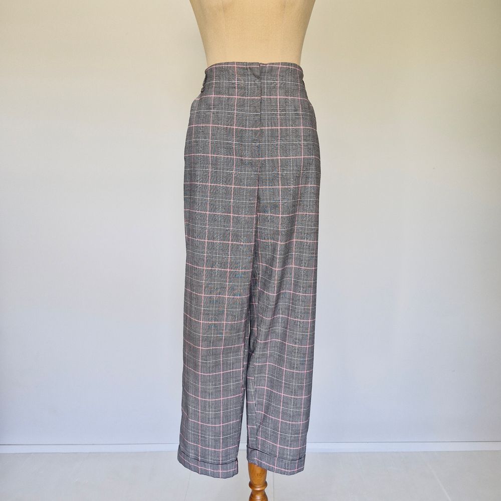Veronika Maine Grey & Pink Plaid High Rise Strraight Cuffed Dress Pants Size 14