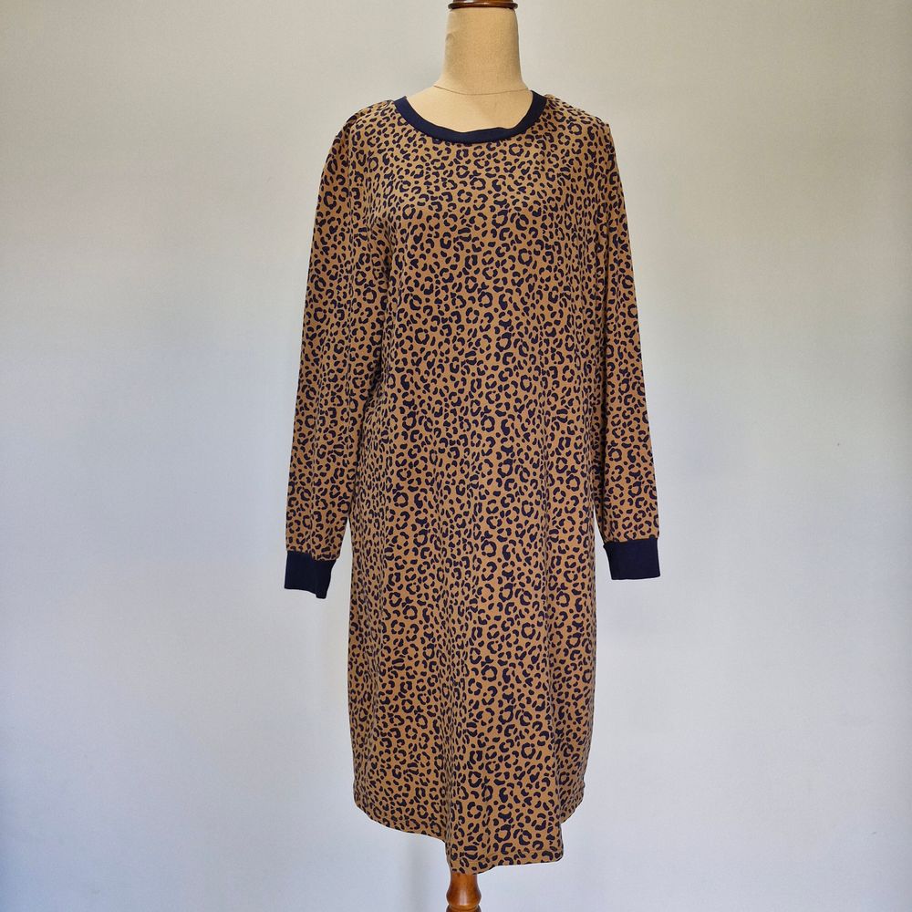Boden Blue & Brown Leopard Cotton Print Long Sleeve Sweater Dress Size 16L