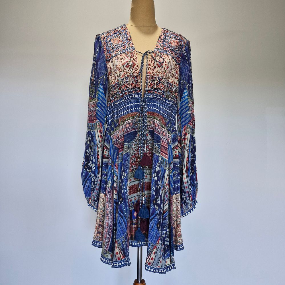 Camilla Overnight Bag Multicolour Embellished Silk Print Peasant Dress Size L