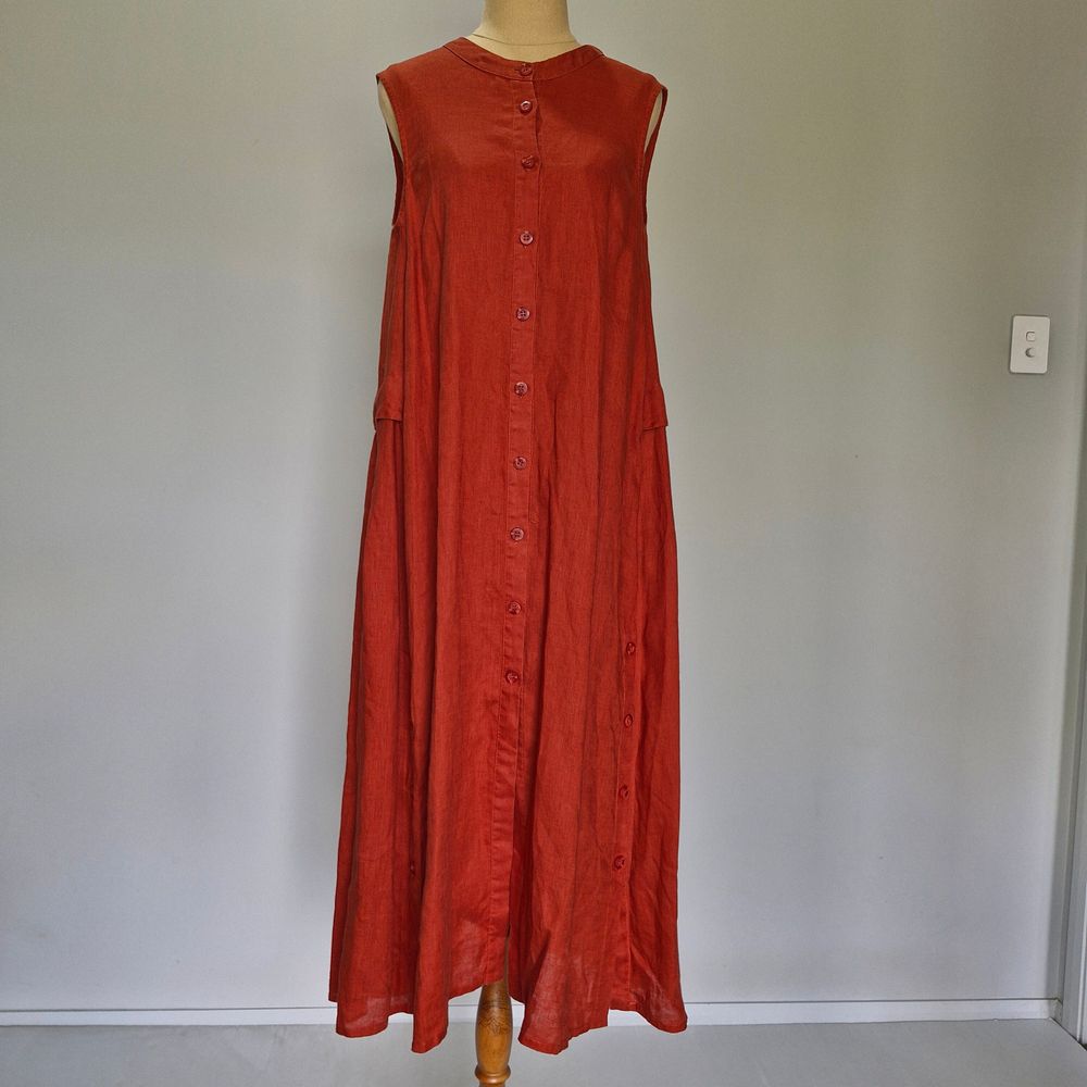Dogstar Burnt Orange Linen Pleated Button Detail Sleeveless Midi Dress Size 10