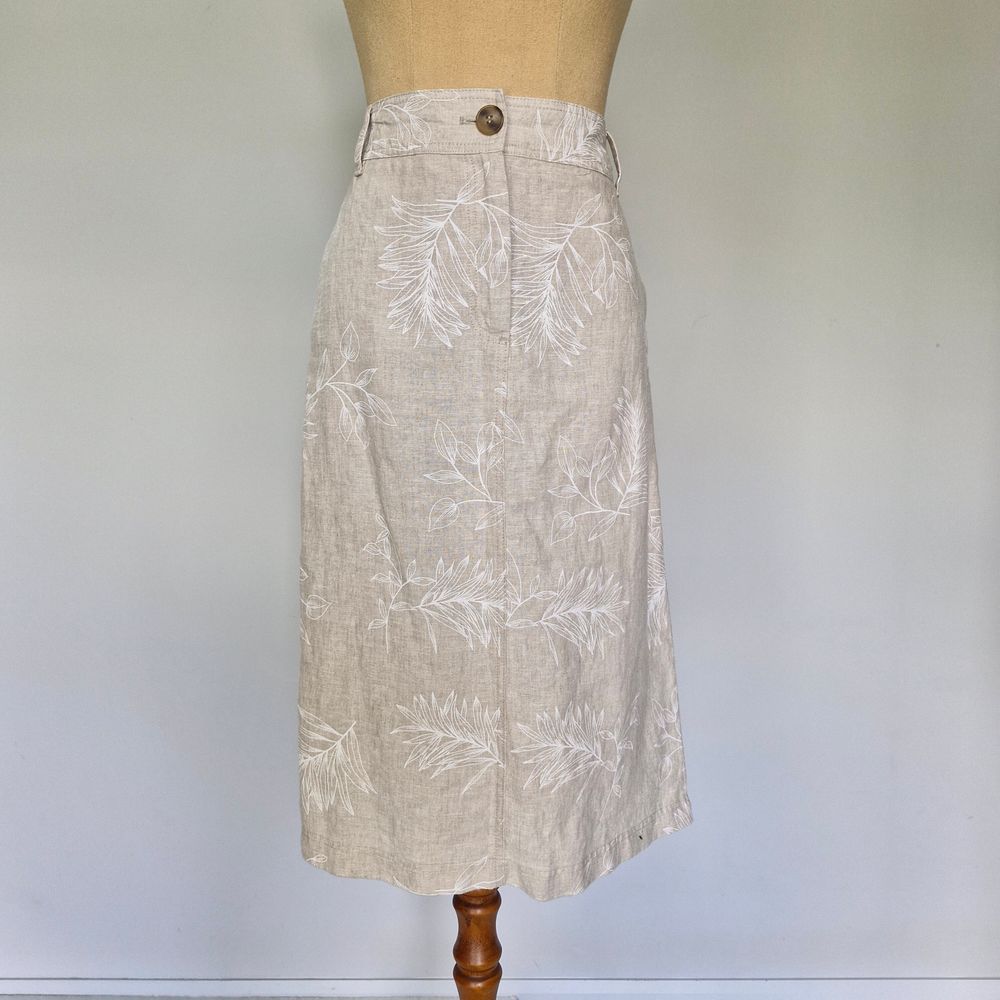 Trenery Beige Floral Print French Linen Pencil Skirt Size 10