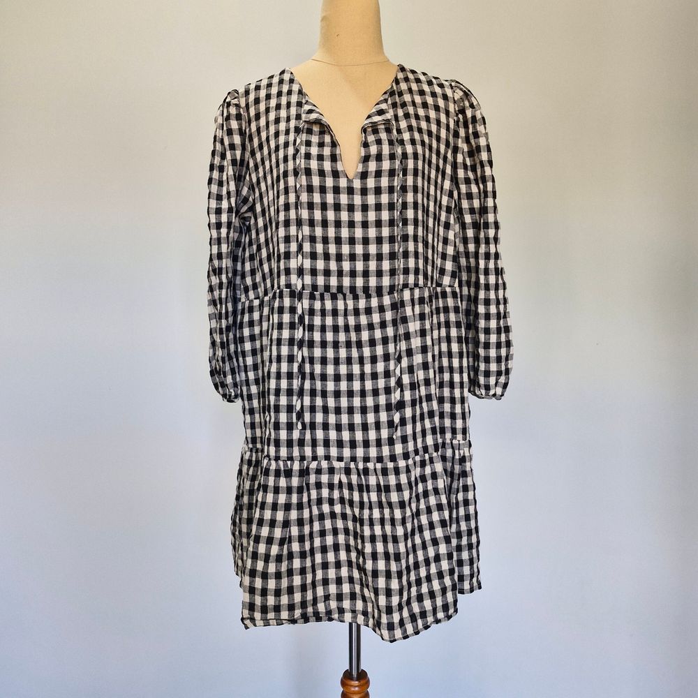 Aere Black & Beige Gingham Linen 3/4 Sleeve Tiered Mini Dress Size 16