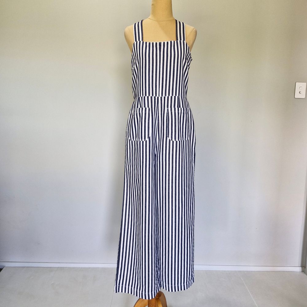 Rollas Blue & White Striped Cotton Wide Leg Overalls Jumpsuit Size 12