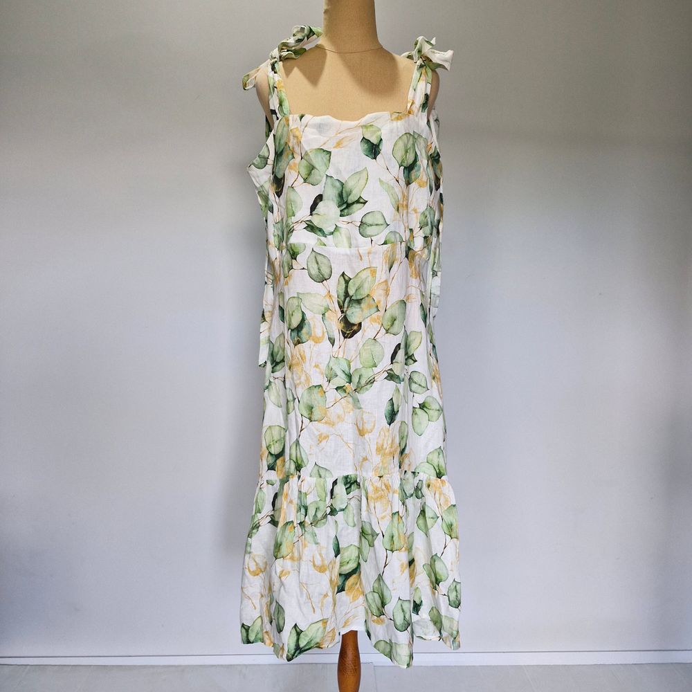 Carolina Lifestyle Multicolour Leaf Print Linen Midi Dress Size L/XL