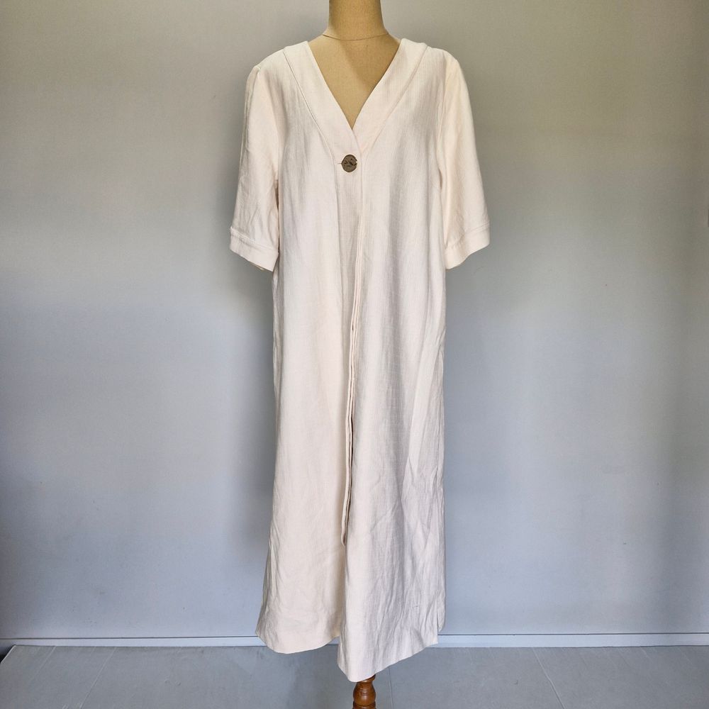 Commonry Beige Woven Cotton Linen Blend Button Up Midi Dress Size 14