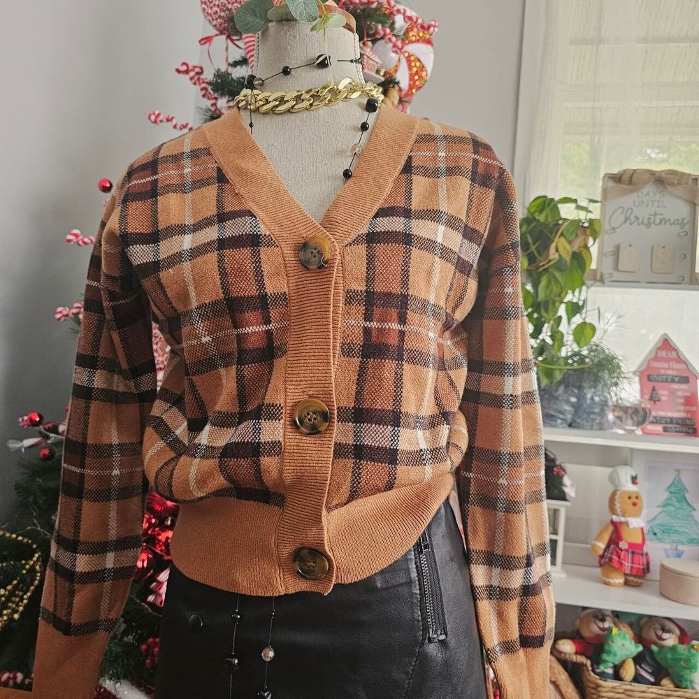 Brown Plaid V-Neck Cardigan