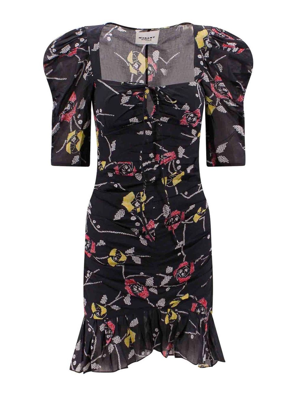 Isabel Marant Floral Ruched Mini Dress Black Puff Sleeve Size US 8 Parisian Coquette Aesthetic