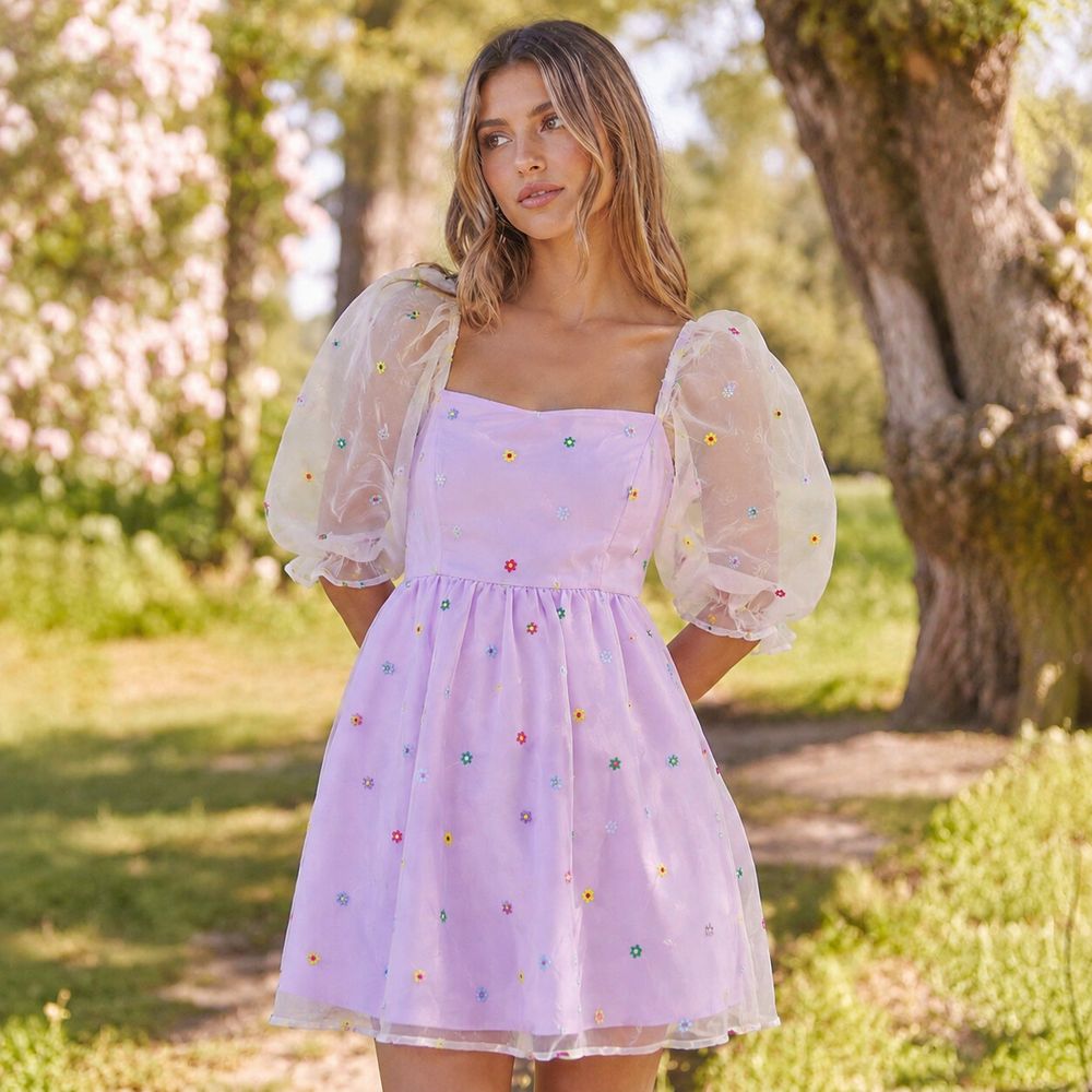Dangerfield Lilac Embroidered Daisy Organza Sleeve Mini Dress | Size 12 | BNWT
