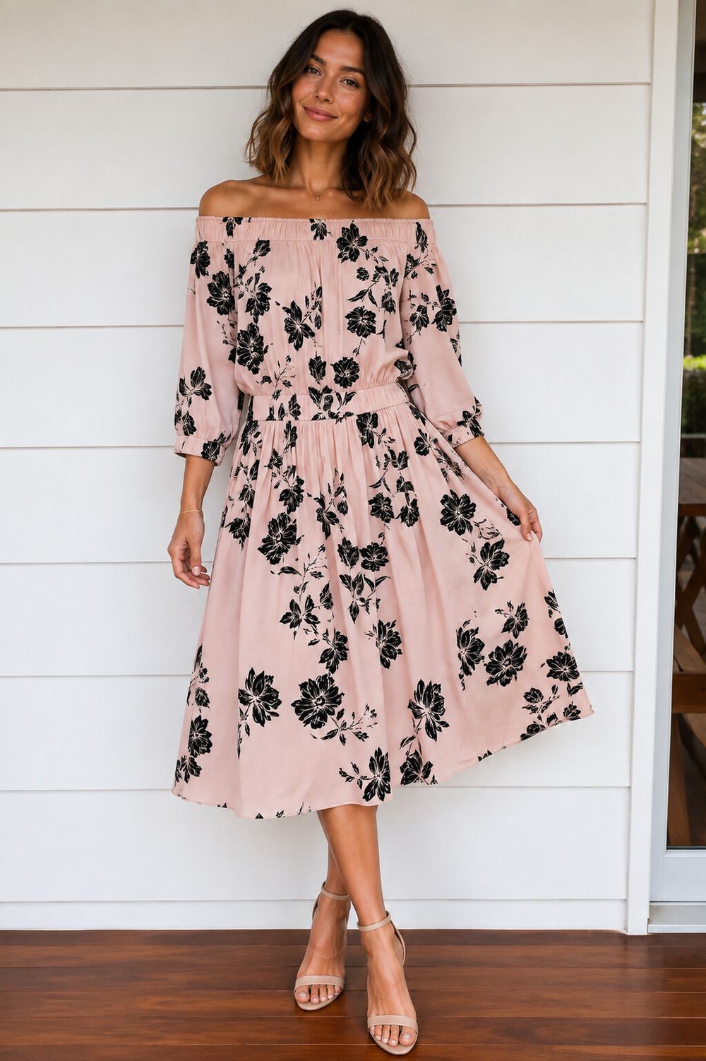 Witchery Pink Black Floral Off Shoulder Midi Dress Size 8 Romantic Feminine