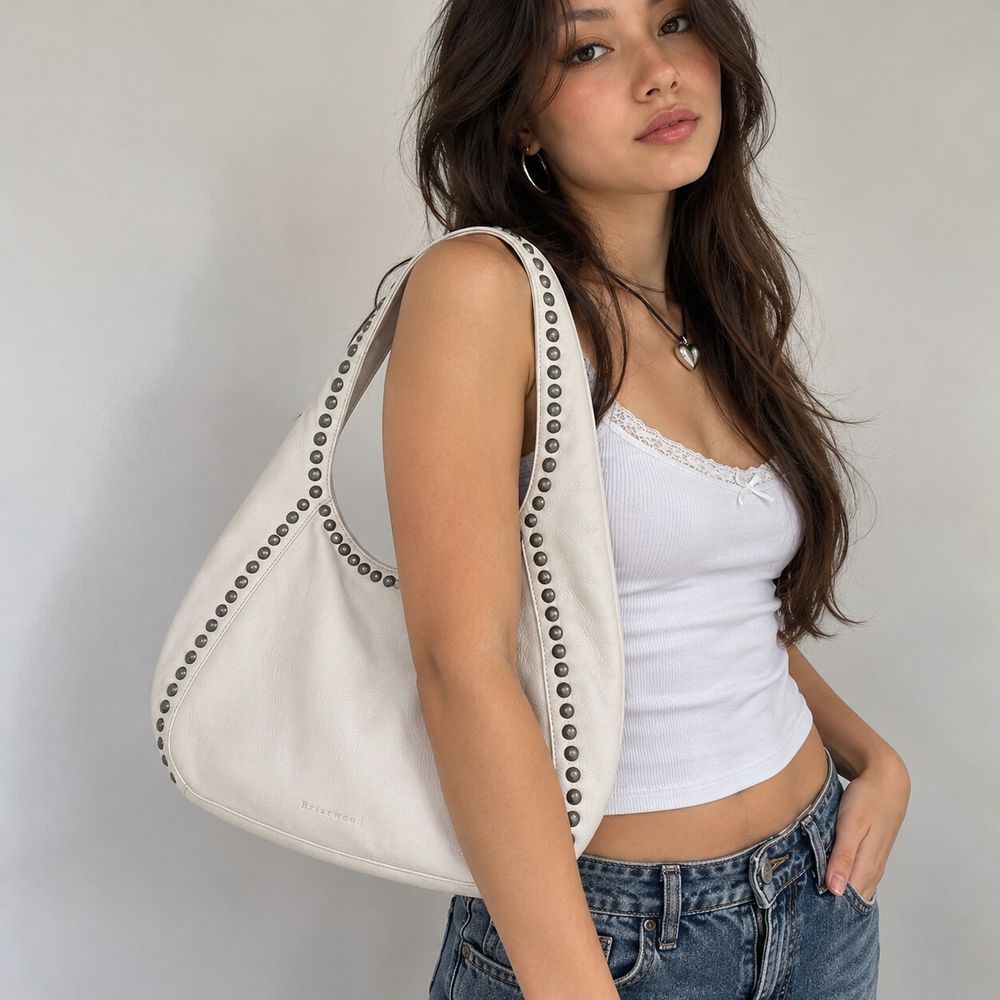 Briarwood Genuine Leather Studded Hobo Bag – White/Ivory