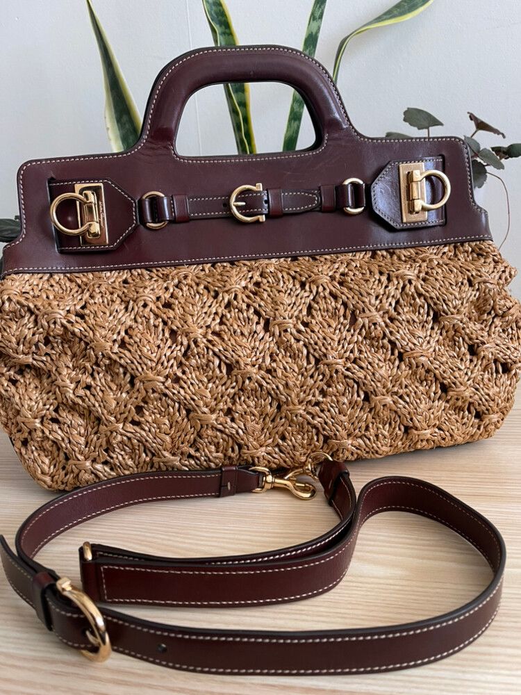Salvatore Ferragamo Leather Trim Raffia Bag