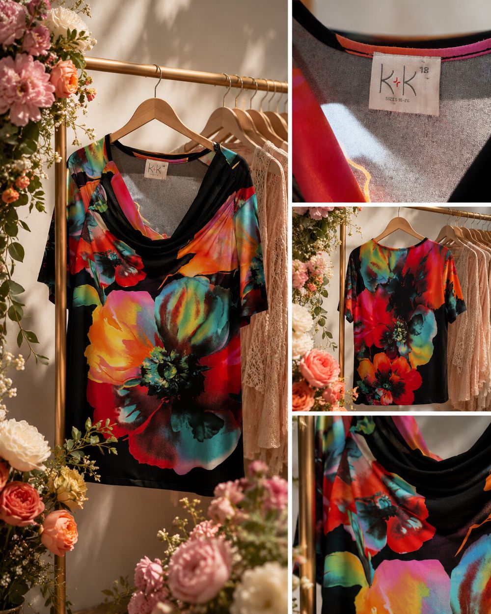 K+K Black Floral Print Cowl Neck Top