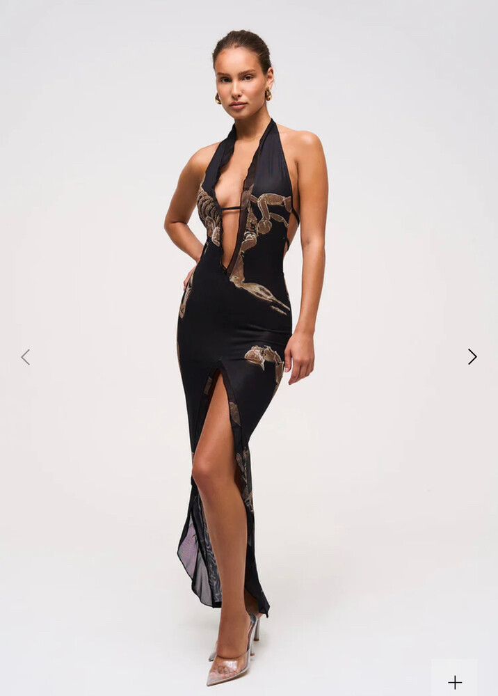 deep v ruffle detail maxi dress in scorpion Murci