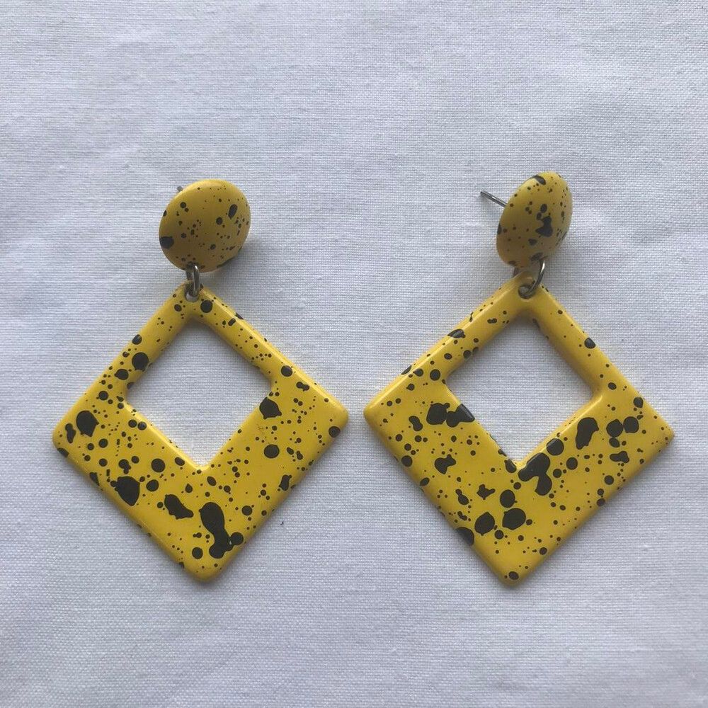 Yellow Black Square Drop Earrings