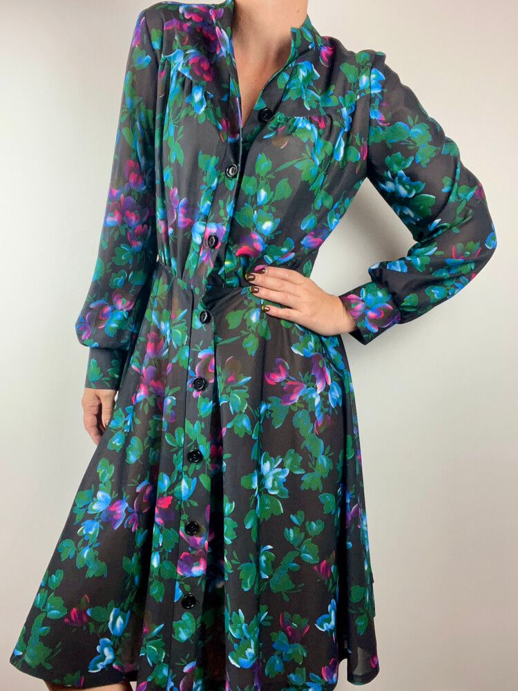 Vintage 1970s Floral Long Sleeve Midi Dress