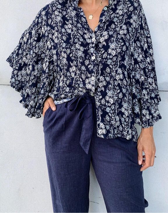 Navy Blue Linen Belted High Waisted Pants