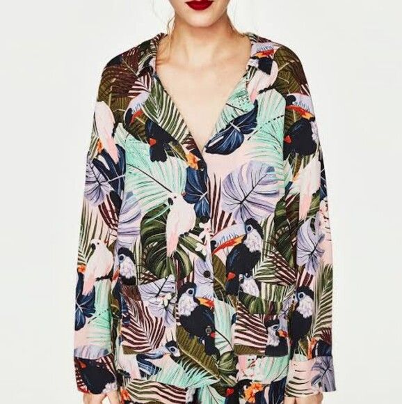 ZARA Tropical Birds Toucan Collared Shirt Blouse