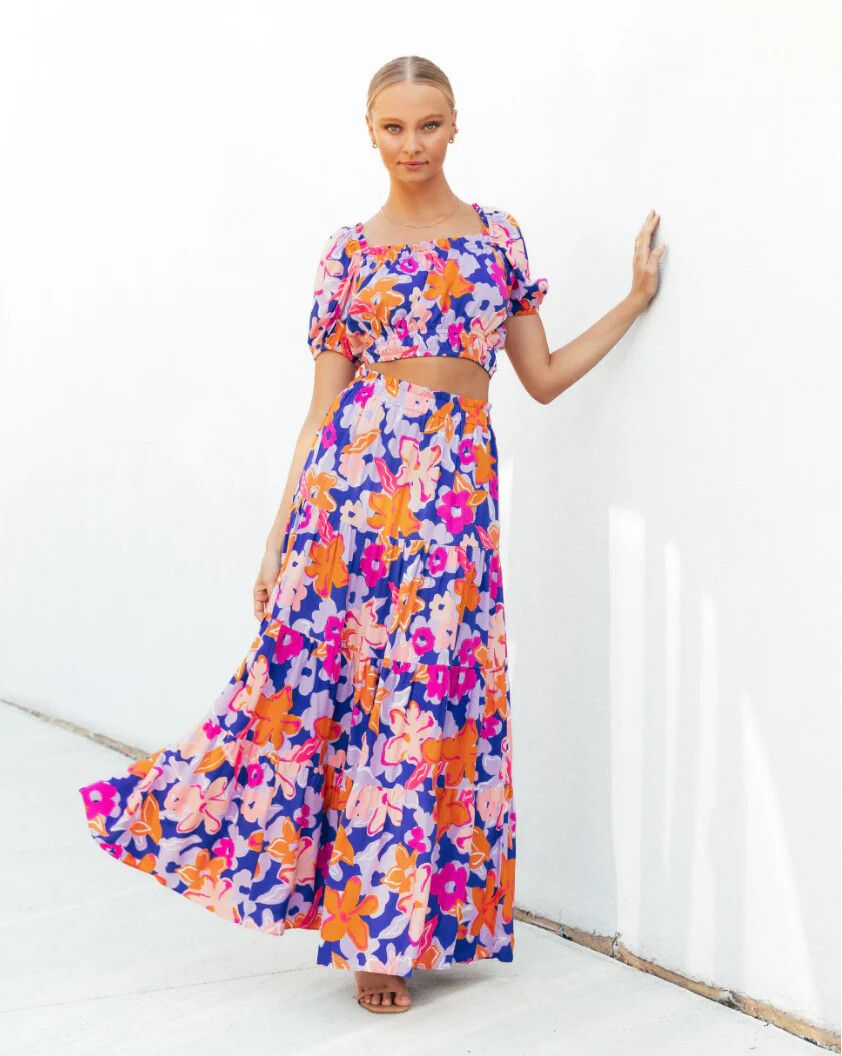 PAPER HEART Floral Fuschia Blue Tiered Maxi Skirt NWT