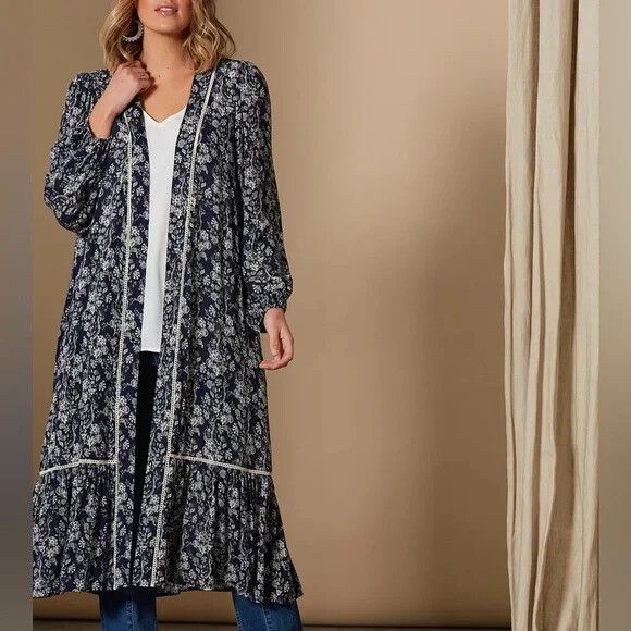 Blue Winter Floral Long Sleeve Longline Kimono Duster Jacket NWT