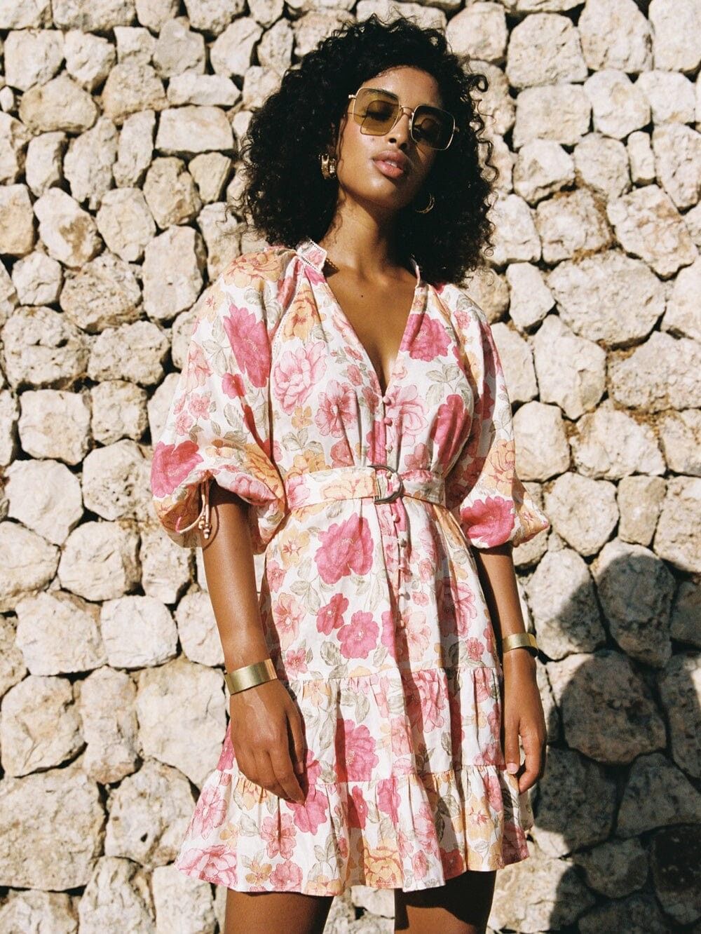 KIVARI Camela Linen Floral Babydoll Mini Dress