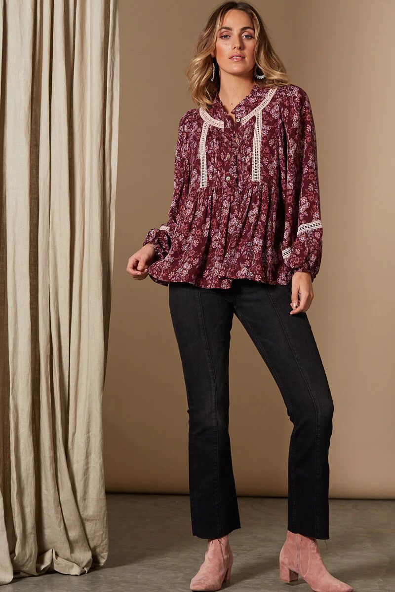 Cherry Floral Lightweight Long Sleeve Top Blouse NWT