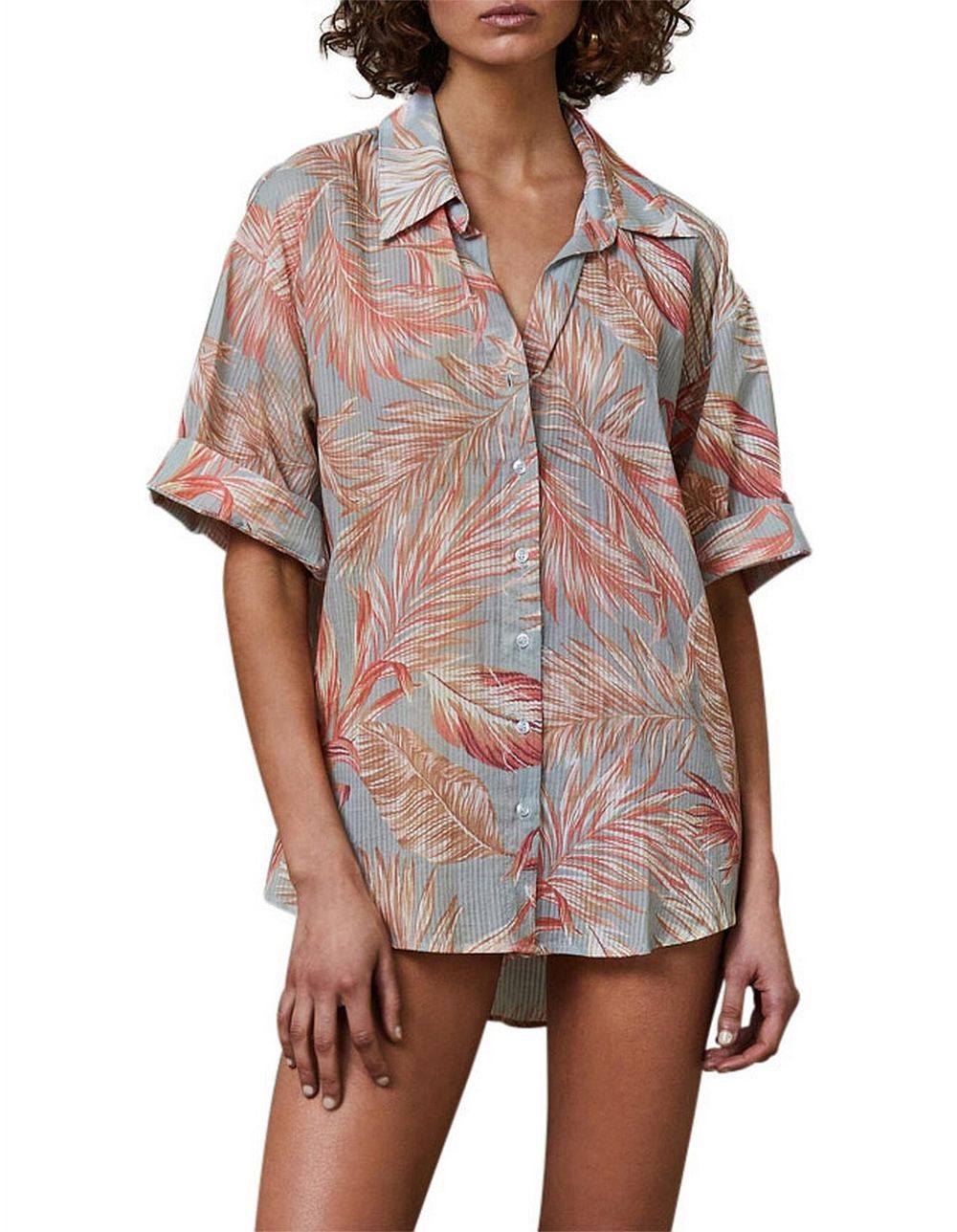 BEC & BRIDGE Miami Palm Print Blue Button Up Collared Hawaiian Shirt RRP$180