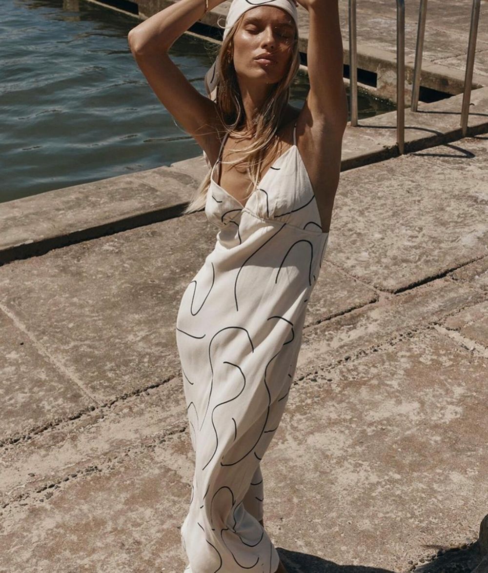 DISSH Luna Cream Black Viscose Slip Midi Dress NWT
