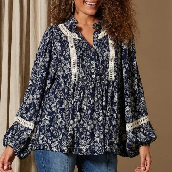 Blue Floral Lightweight Long Sleeve Winter Top Blouse NWT