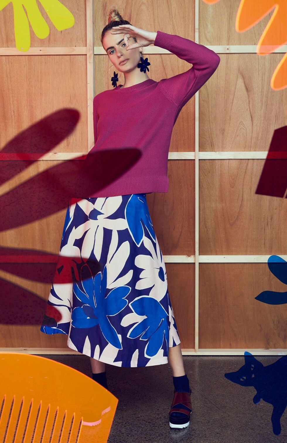 GORMAN Jurassic Daisy Linen Blue Pink High Waisted Midi Skirt