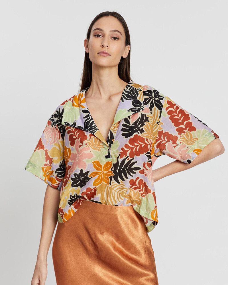 BEC & BRIDGE Barrier Reef Silk Cotton Cropped Shirt Top RRP$240