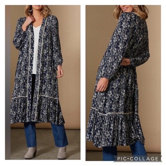 Blue Winter Floral Long Sleeve Longline Kimono Duster Jacket NWT