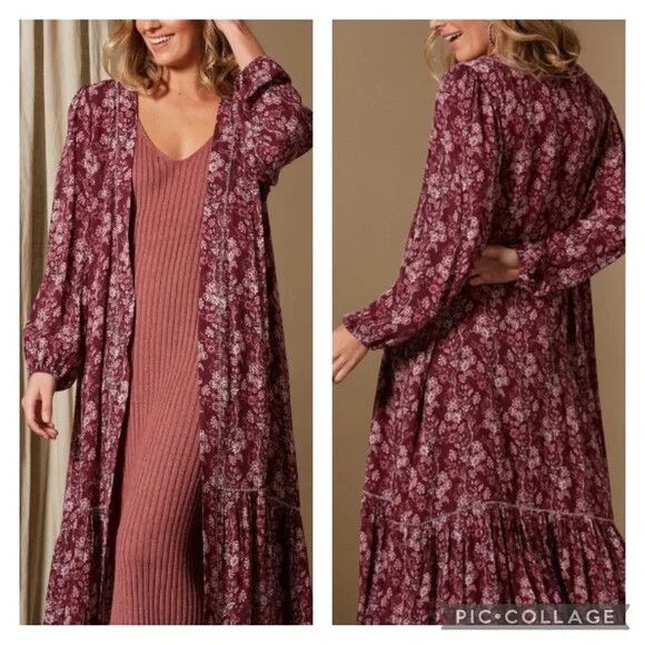 Cherry Maroon Winter Floral Long Sleeve Longline Duster Kimono Jacket NWT