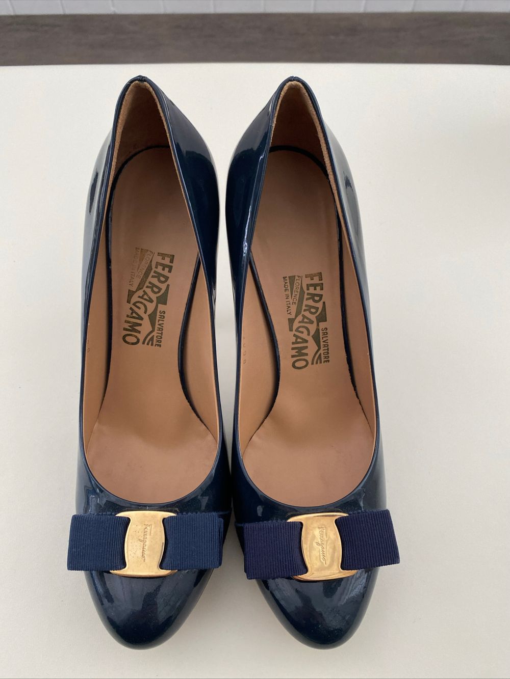 Ferragamo Navy Patent Leather Heels