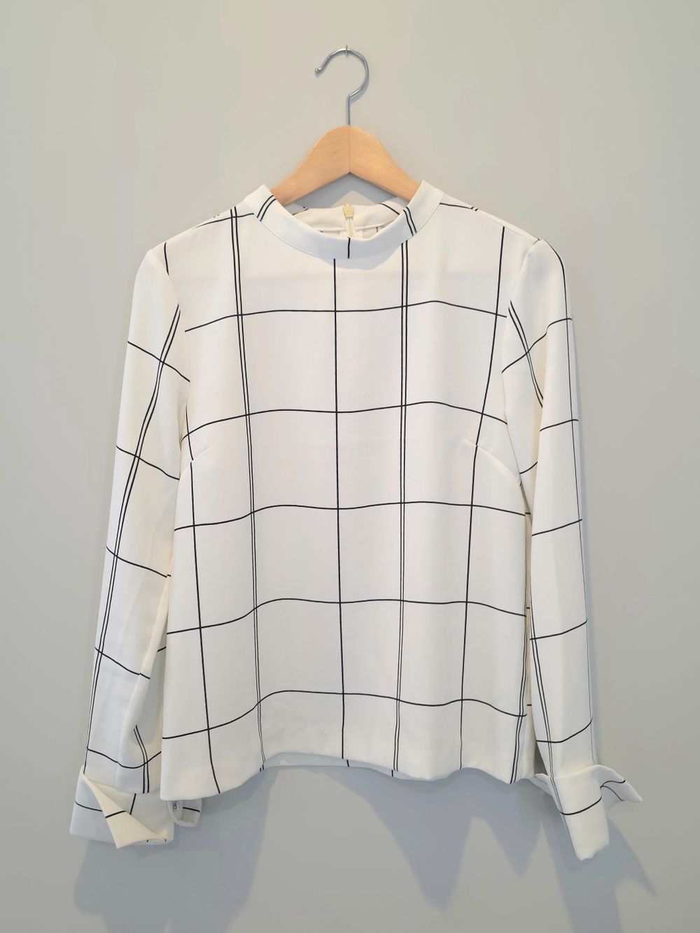 White Grid Print Long Sleeve Top