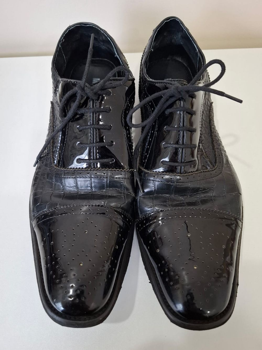 Maher Men’s Dress Shoes – Black Patent & Croc-Embossed Leather SZ44