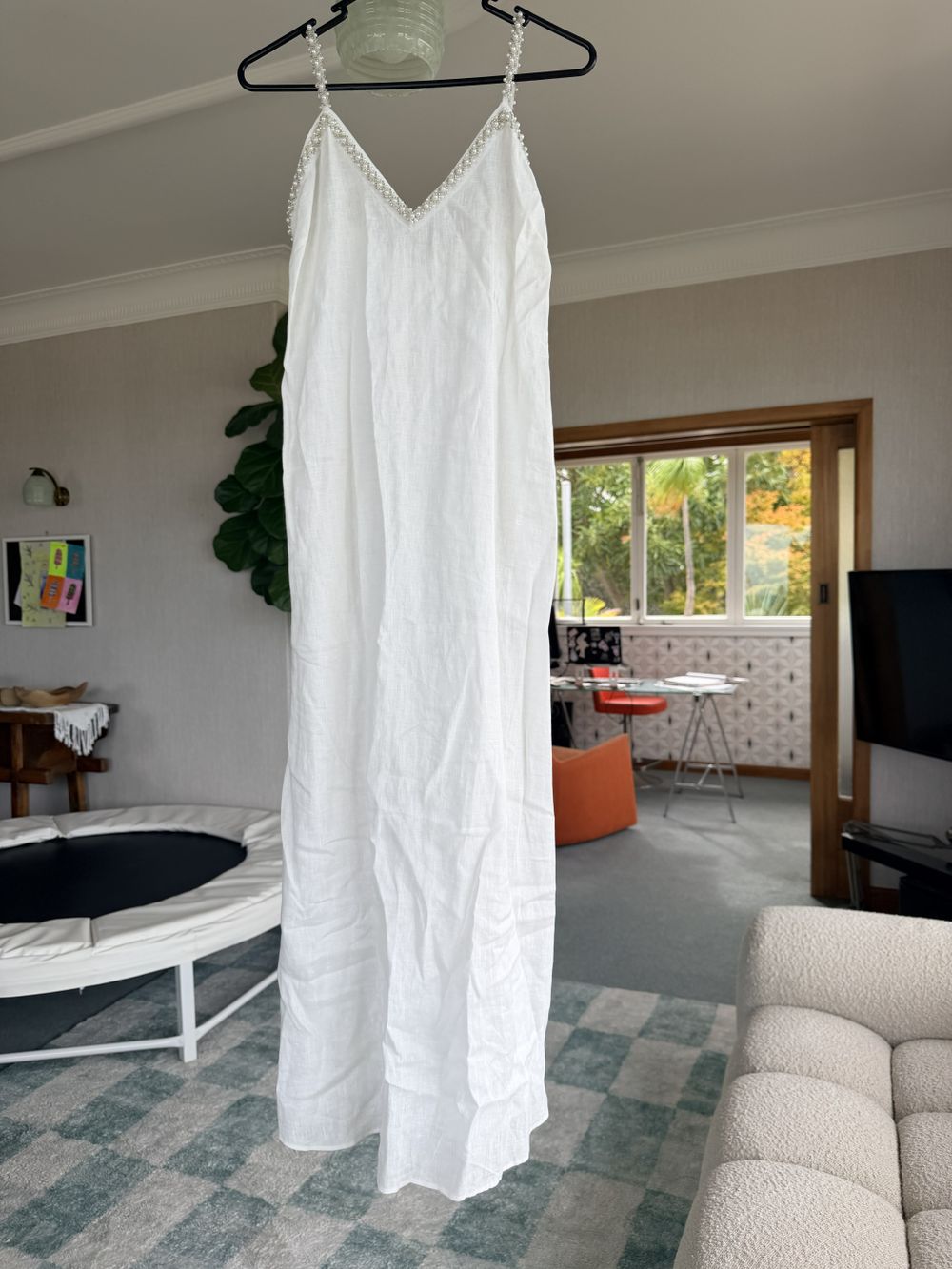 Zara White Linen Blend Maxi Dress with Beaded Straps