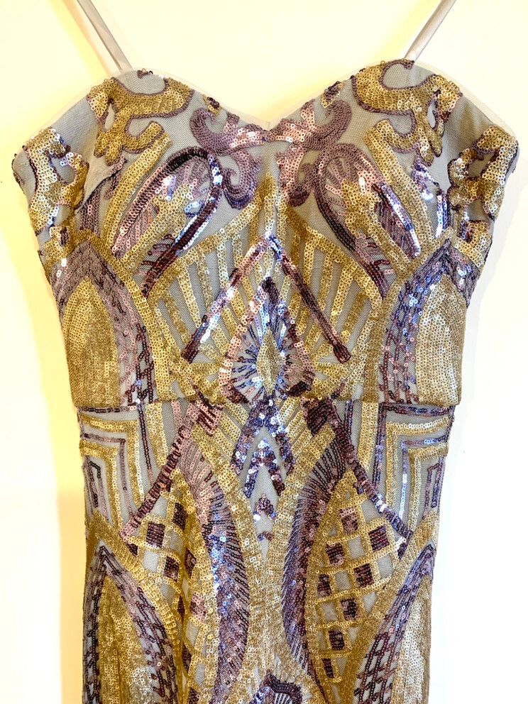 Bariano - Bariano Sequin Dress Purple & Gold Sz 8 on Designer Wardrobe
