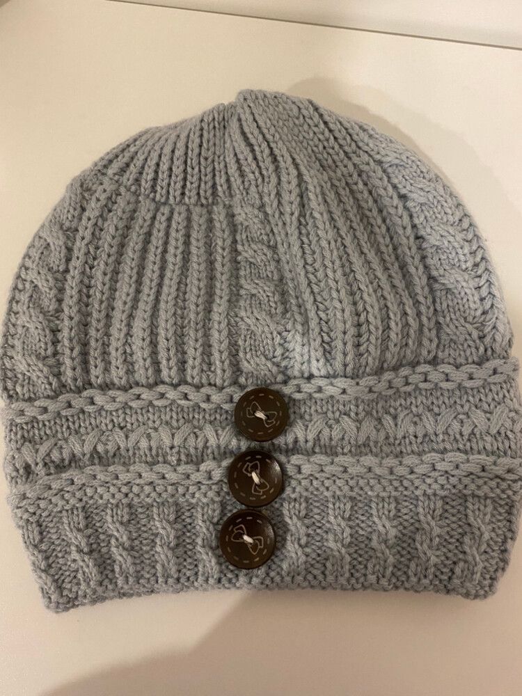Grey Knit Beanie With Buttons