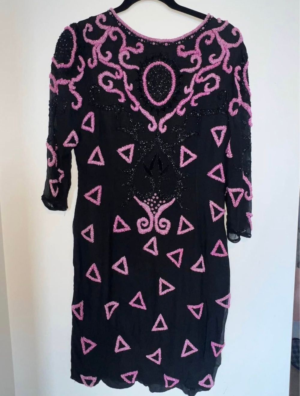Vintage Black Beaded Dress With Pink Triangles