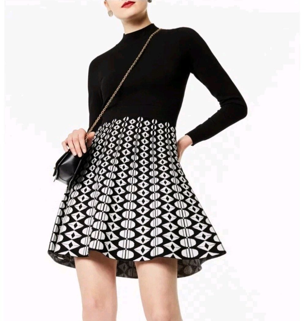 Karen Millen Knit Dress 12 Size M Womens Midi High Neck, Black & White Geometric