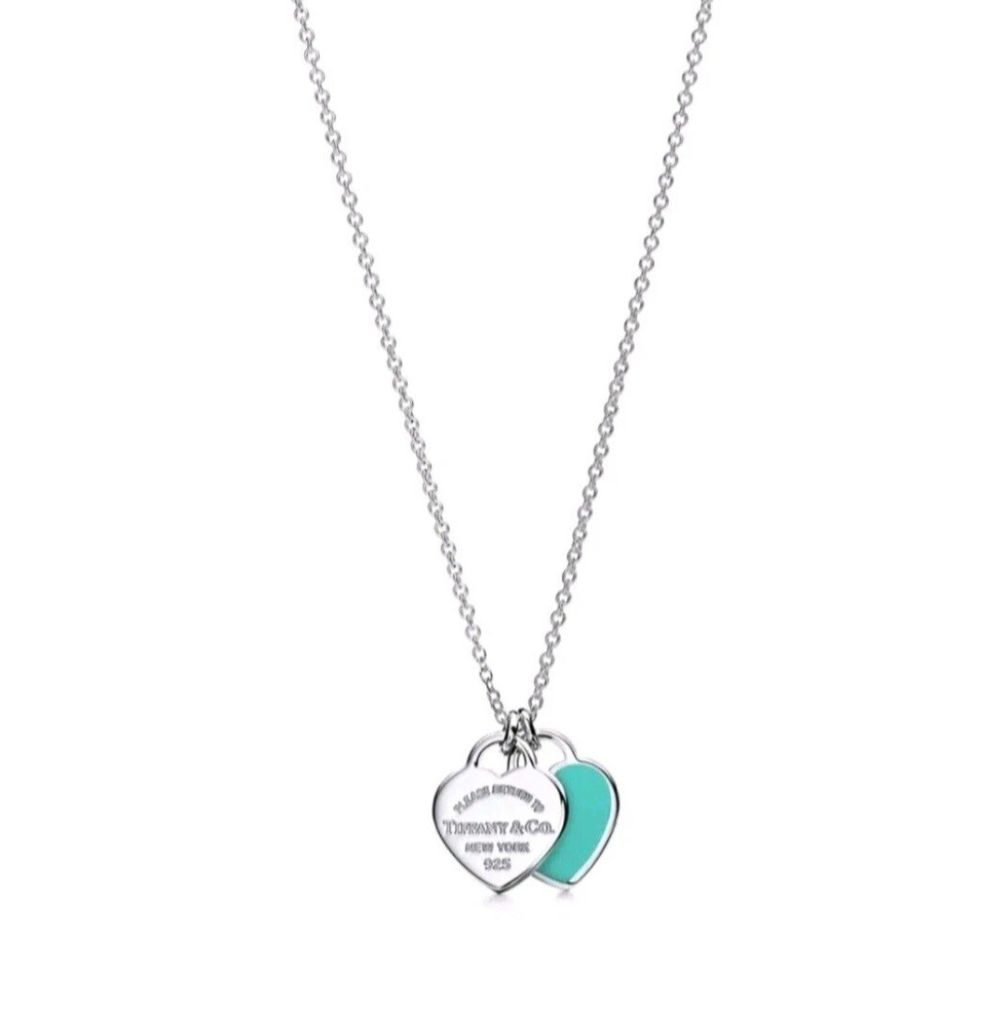 Tiffany & Co. Silver and Turquoise Double Heart Tag Necklace