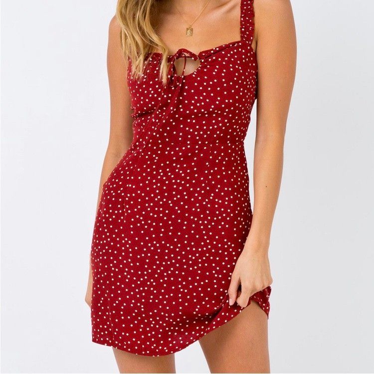 knee length dresses for ladies Ottillie Lace Trim Button Down Mini Dress Red Polka Dot