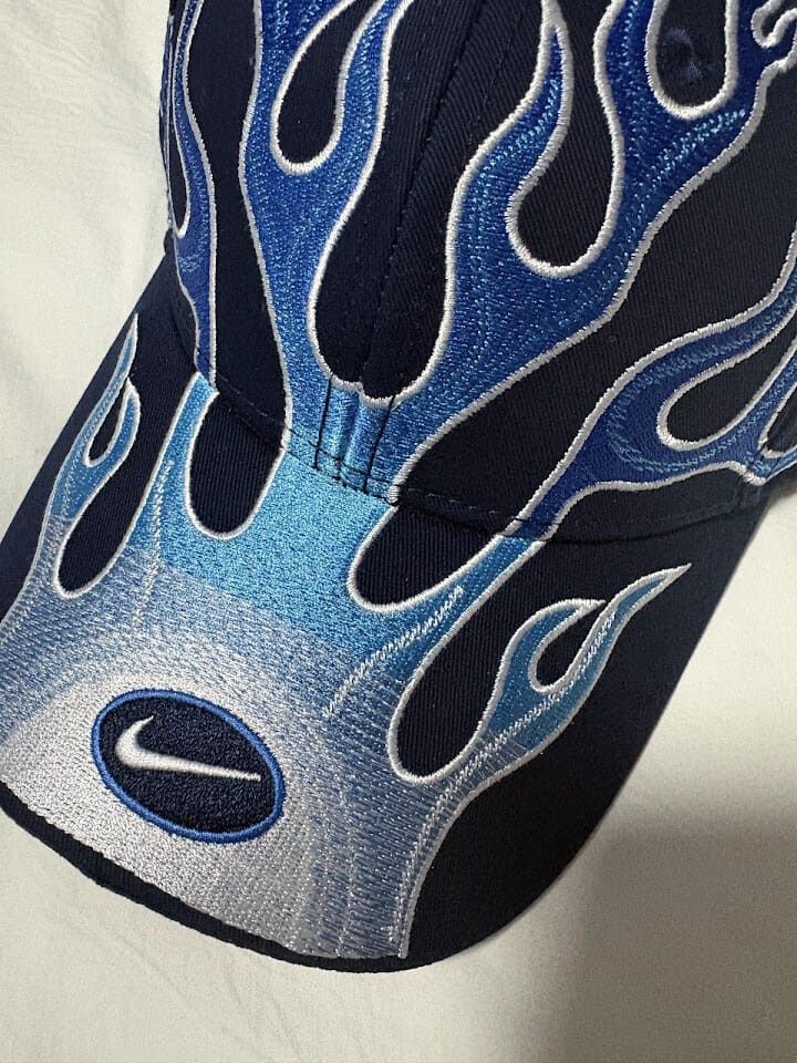 Nike Blue Flame Cap Navy Adjustable Hat Y2K Racing Streetwear Rare Style