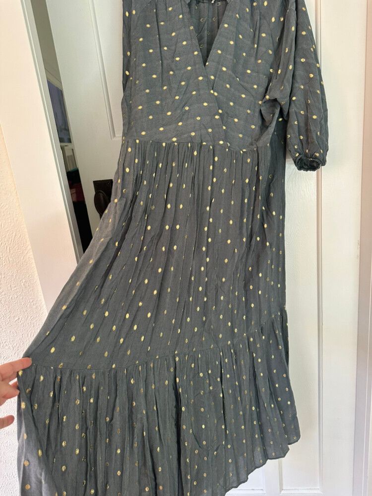 By Anthropologie Grey Gold Polka Dot Dress Size M