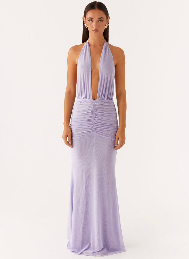 PepperMayo Lilac ruched halter maxi dress
