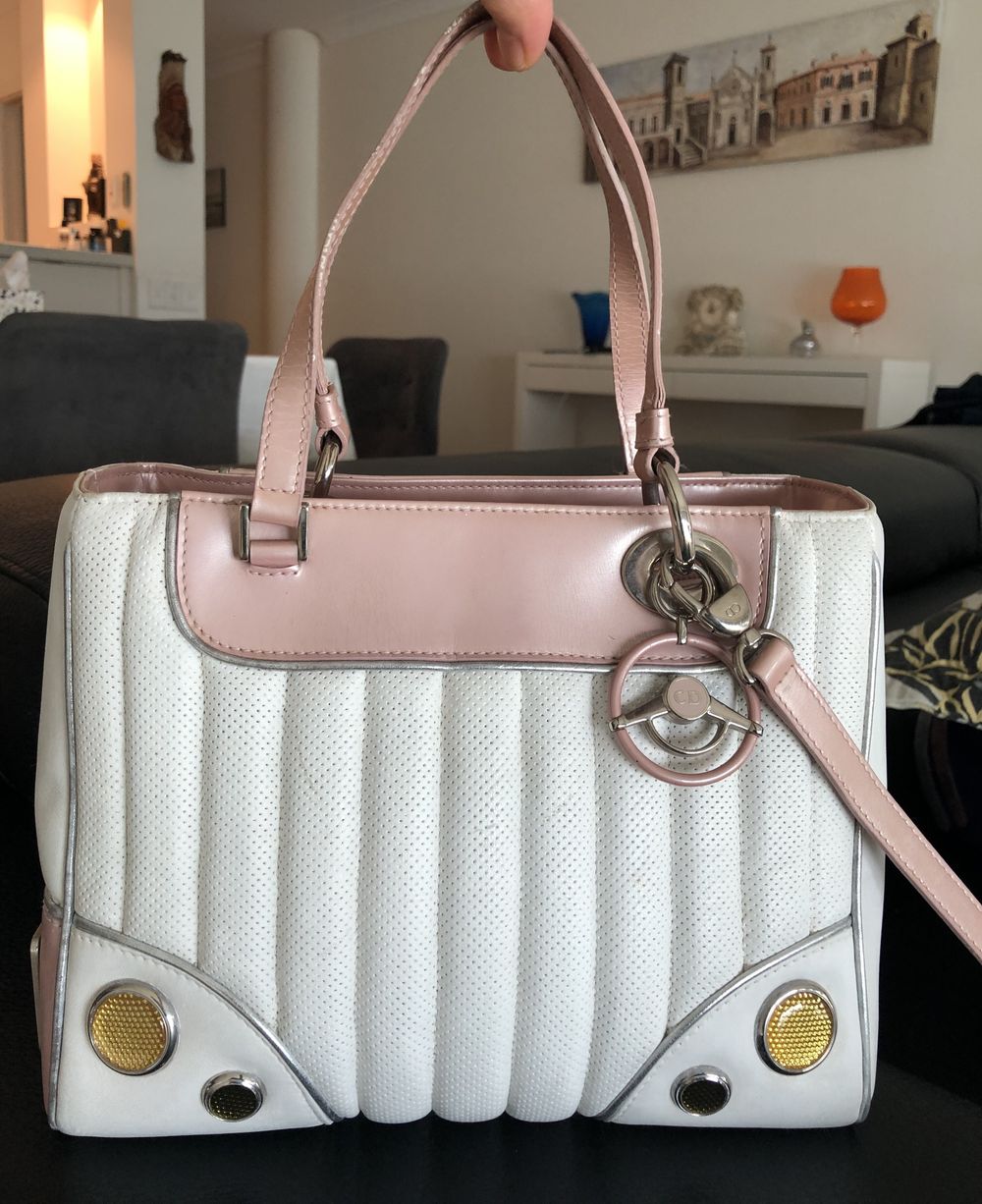 Authentic CHRISTIAN DIOR Lady 2Way 2Tone Leather Shoulder Hand Bag Pink White