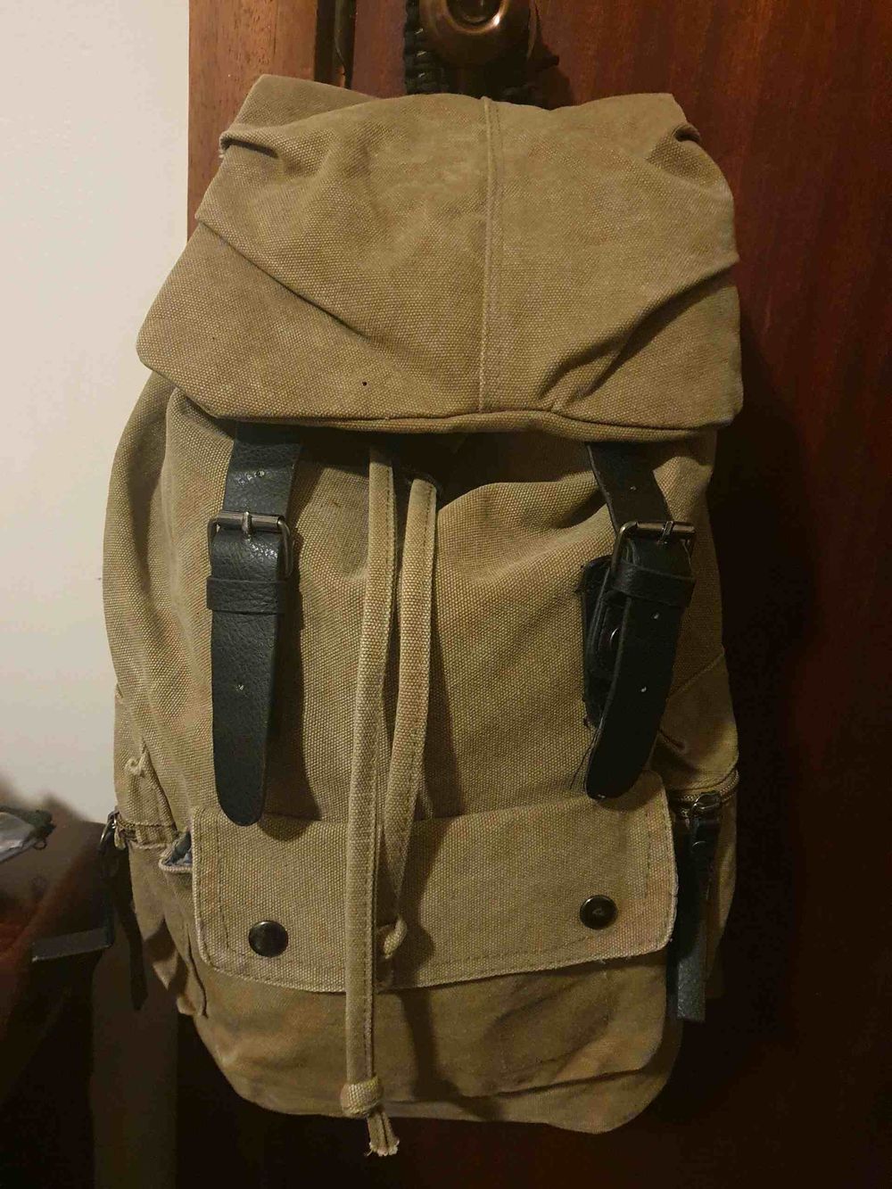 Khaki Canvas Backpack With Black Leather Straps