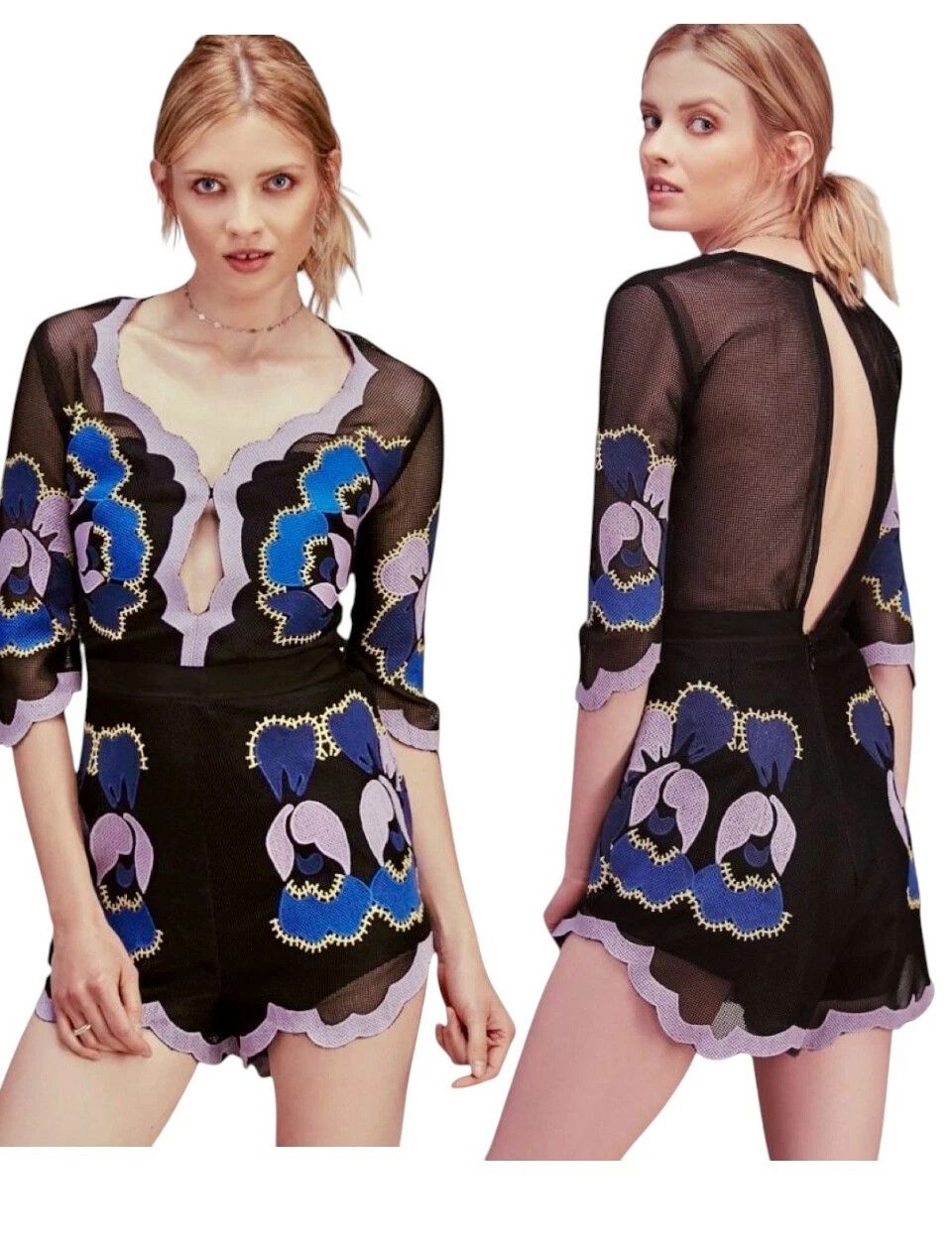 Alice McCall Never Ever Playsuit- Embroidered Navy Mesh Shorts