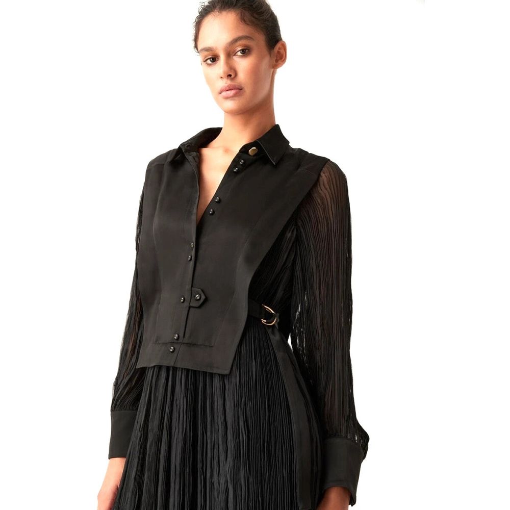 Aje Aeriel Bib Front Crinkled Maxi Dress- Black Long Sleeve